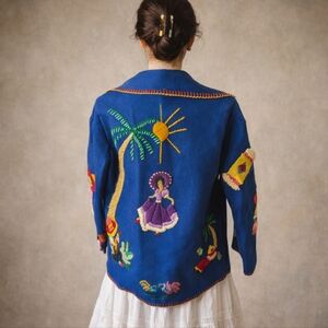 Artsy Hand Embroidery Colorful Fiesta Folk Art Jacket Unique Whimsical Sz M